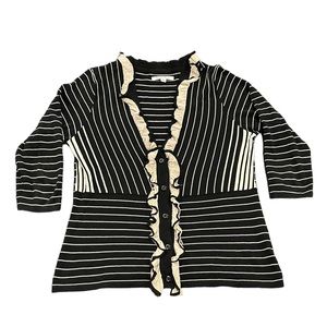 CAbi Striped Button Up Cardigan Sweater with Ruffles | Women's M